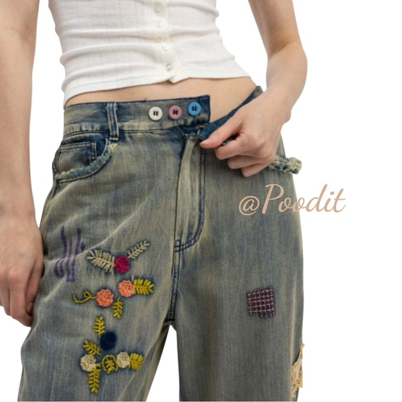 BLUE VELVET patchwork embroidery relaxed fit fray hem washed out jeans sz LARGE - Picture 3 of 14